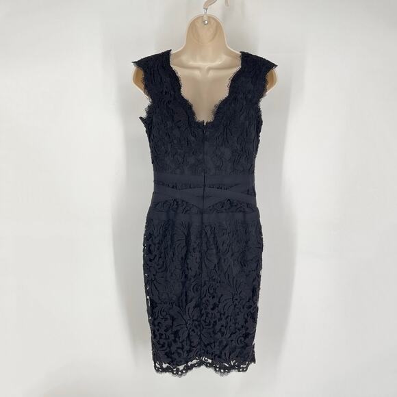 Tadashi Shoji Embroidered Lace V-Neck Cocktail Dress Sz 4 Black Ribbon Waist - Picture 7 of 12